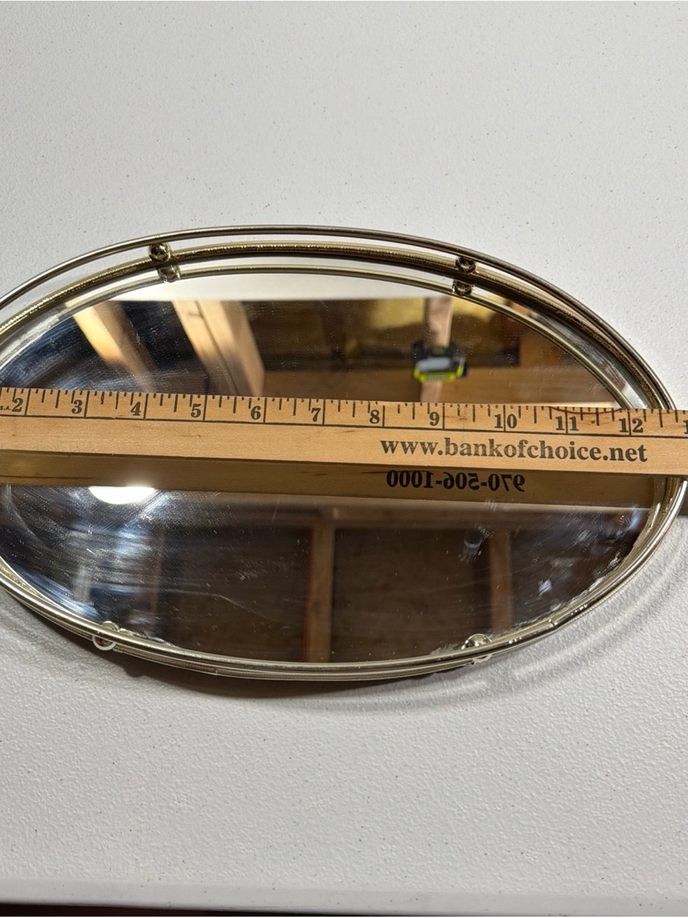Vintage Oval Mirrored Vanity Tray Gold Tone Brass Rail MCM Hollywood Regency - Picture 8 of 9